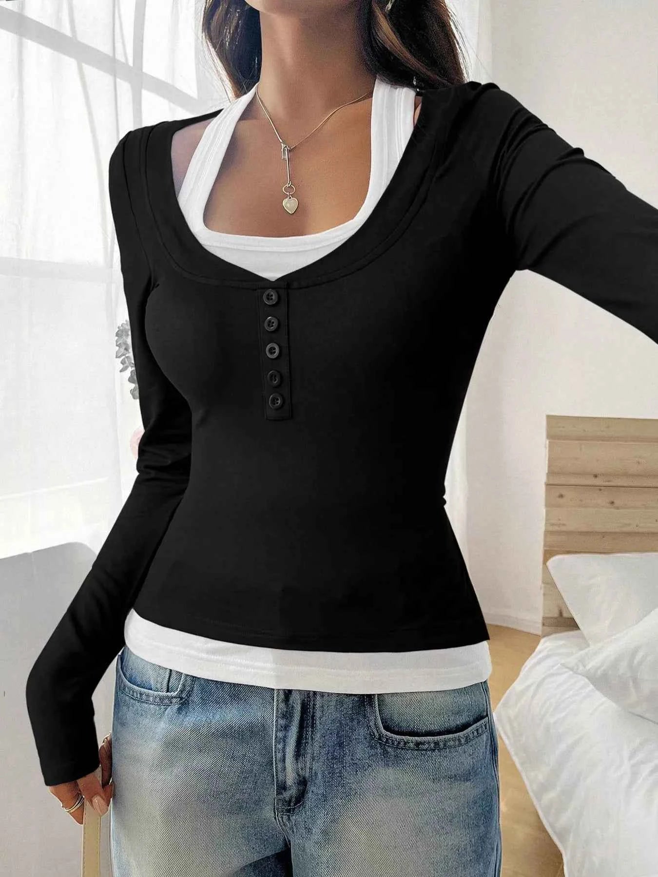 Scoop Neck Long Sleeve Fake Two-Piece T-Shirt