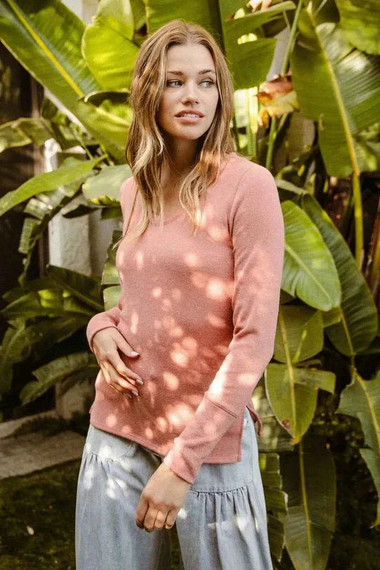 BiBi Mir Solid Raw Edge Neckline Thumb Opening Top