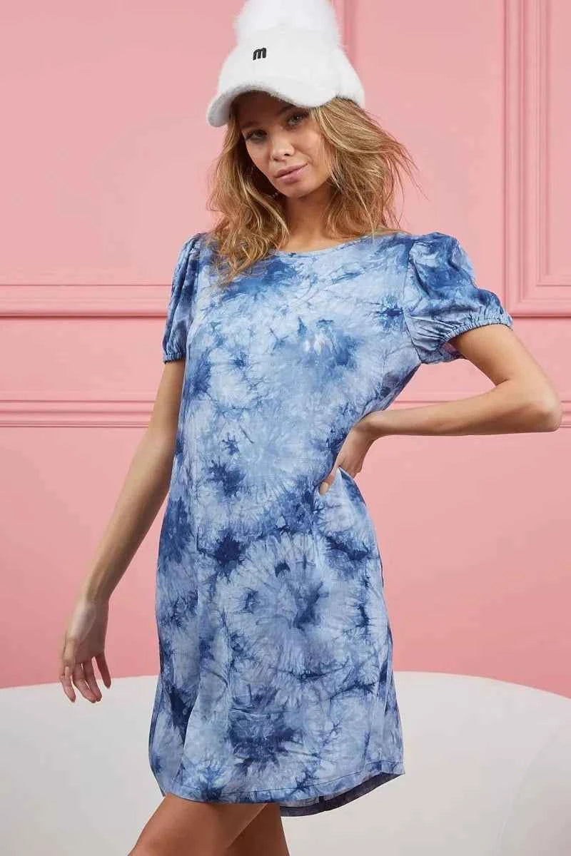 BiBi Puff Sleeve With Side Pockets Tie Dye Dress