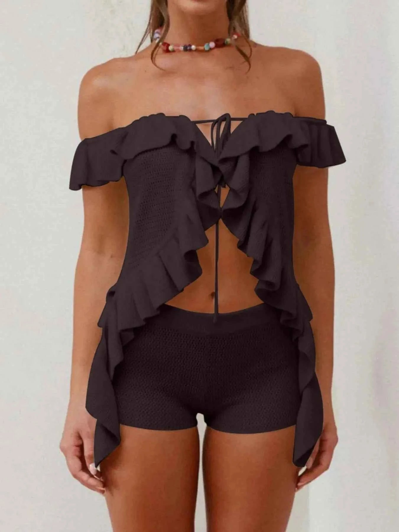 Off-Shoulder Ruffle Top and Shorts Sweater Set