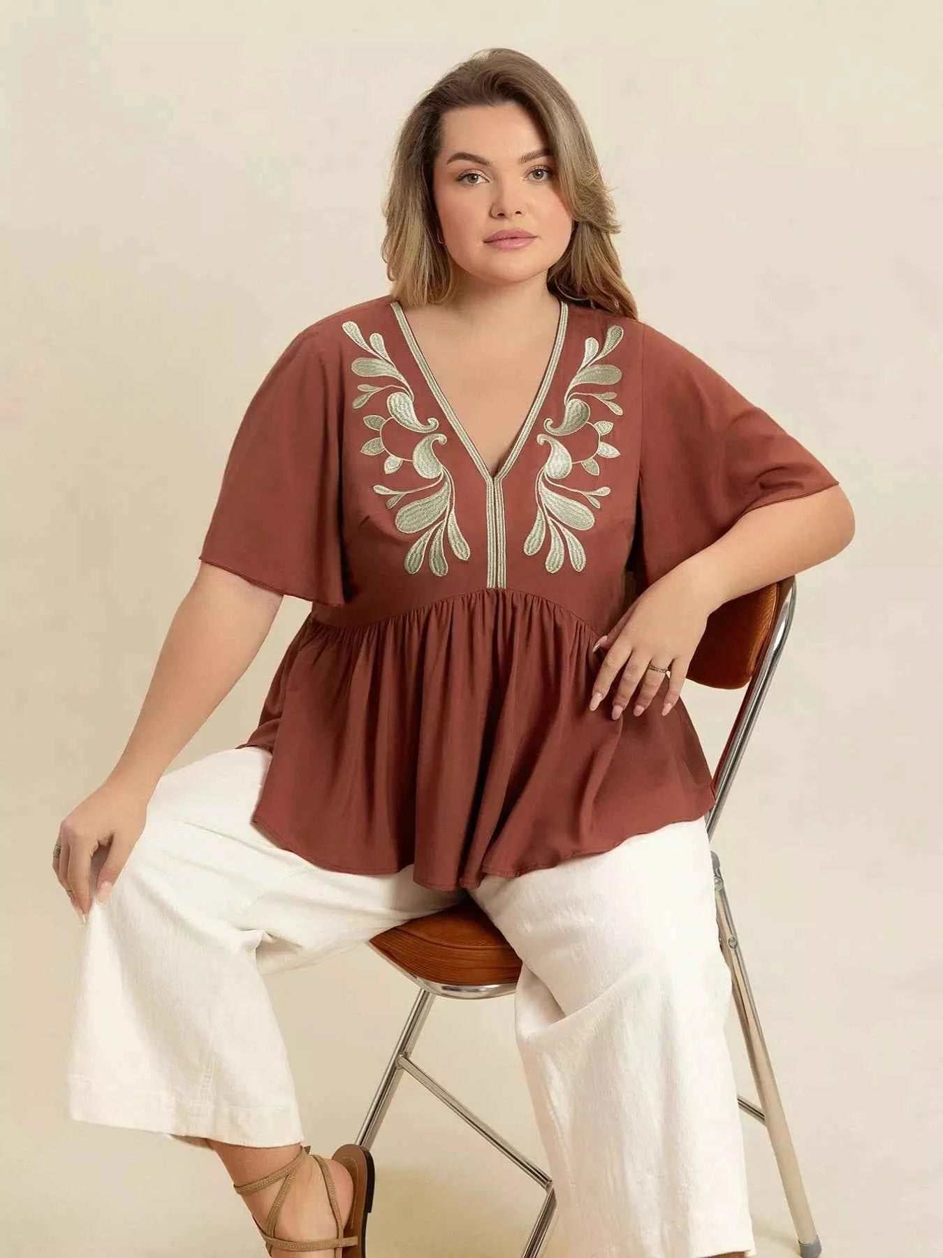 Plus Size Embroidered V-Neck Flutter Sleeve Blouse
