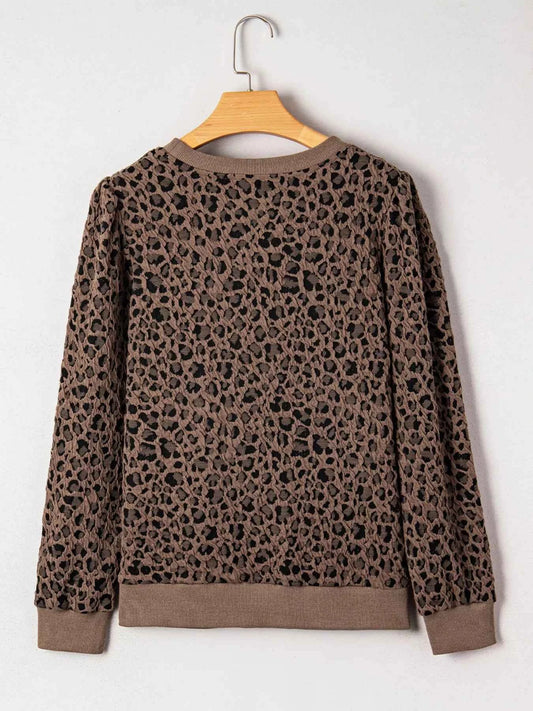 Ribbed Trim Leopard Print Long Sleeve Top