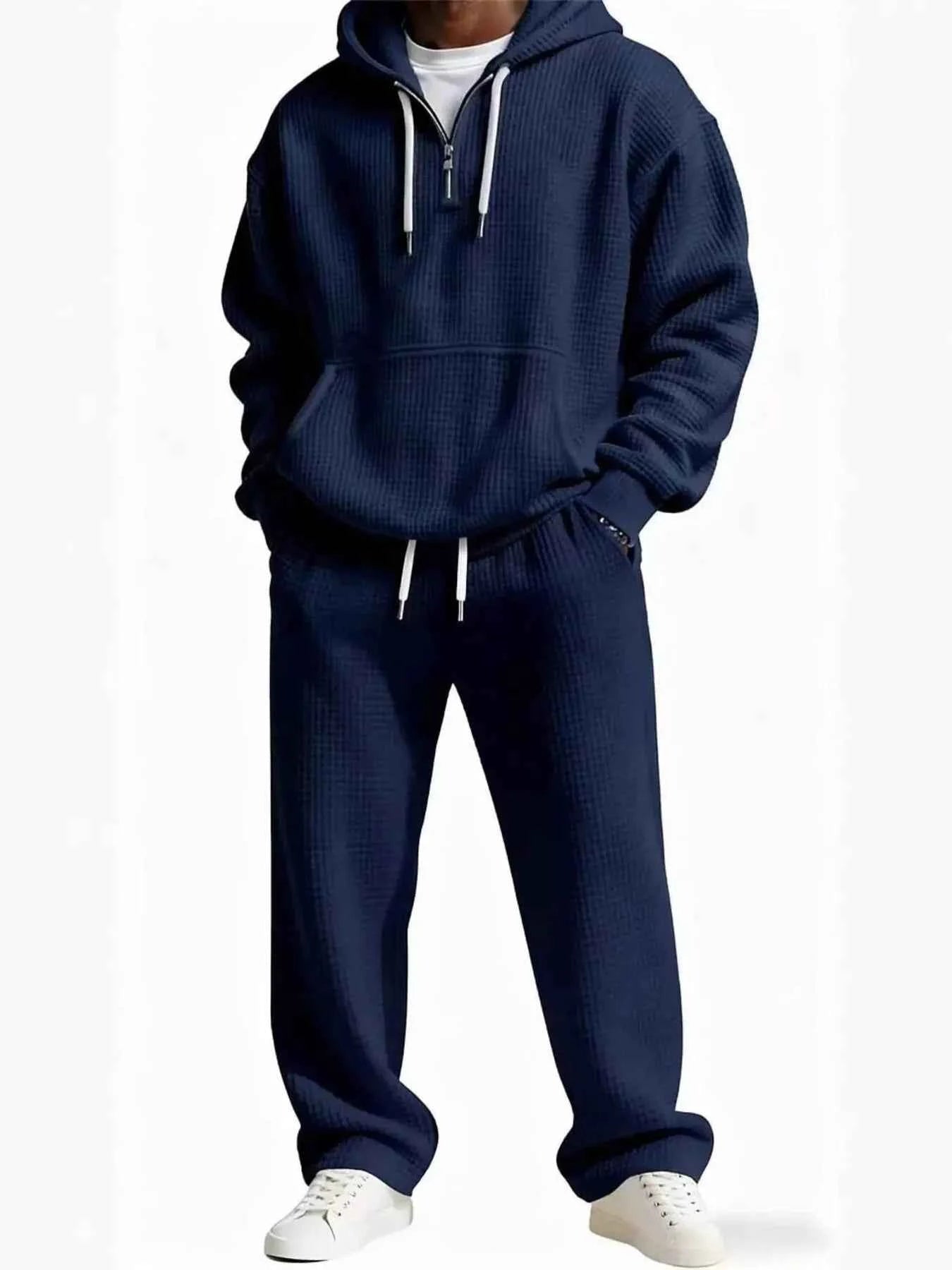Men's Full Size Casual Waffle Knit Hoodie and Pants Set Plus Size