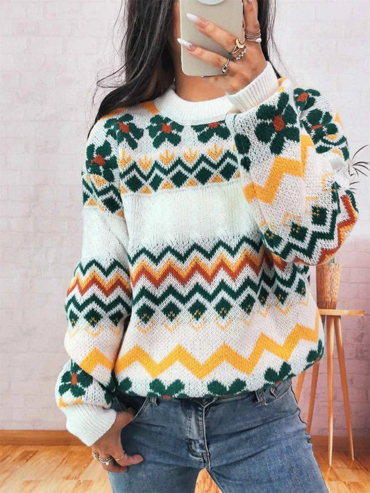 Geometric Round Neck Long Sleeve Sweater