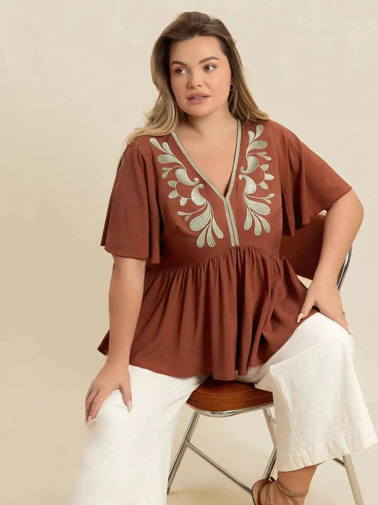 Plus Size Embroidered V-Neck Flutter Sleeve Blouse