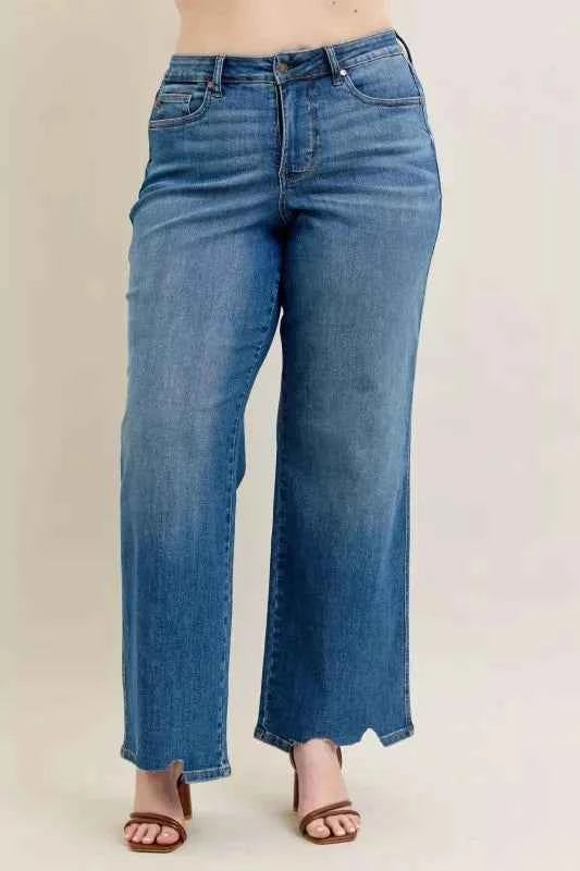 Judy Blue Full Size High Waist Tummy Control Chew Hem Destroy Wide Jeans Plus Size
