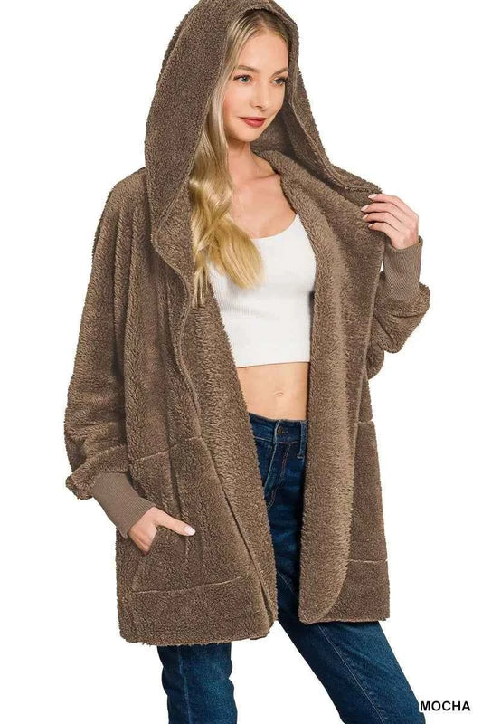 Zenana Hooded Faux Fur Jacket with Pockets