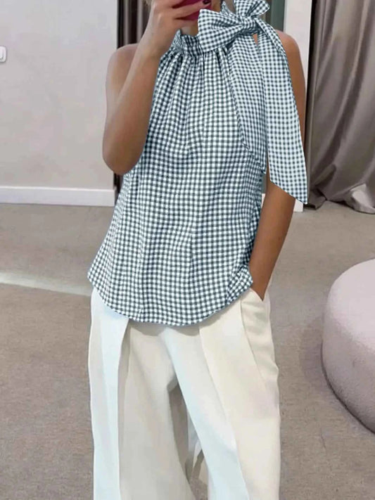 Asymmetric Gingham Bow Tie Sleeveless Top