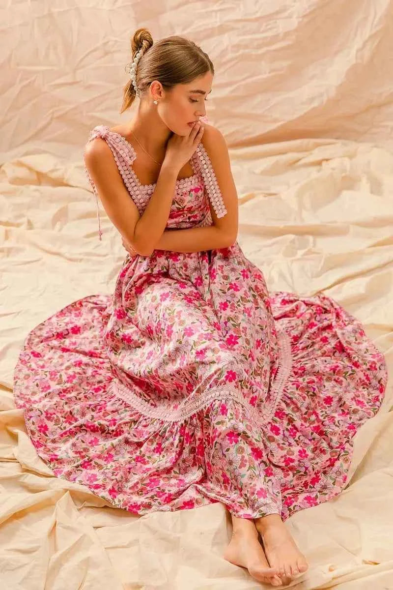 SO ME Floral Maxi Dress With Ribbon Tie Lace Strap