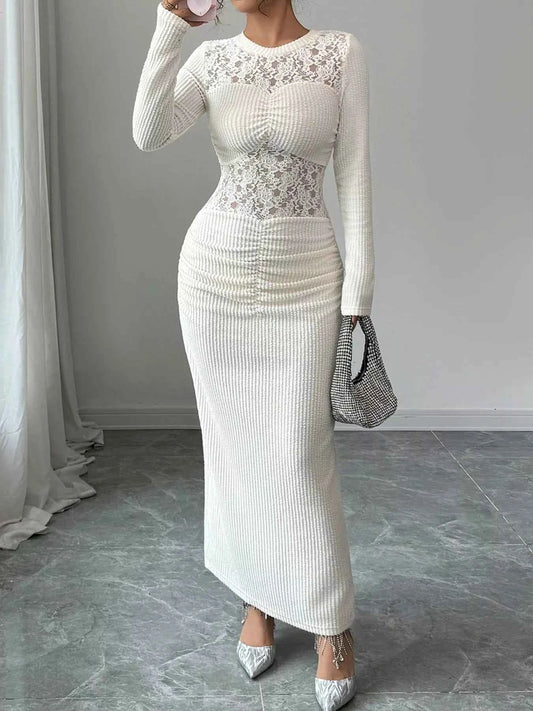 Lace Panel Ruched Bodycon Maxi Dress