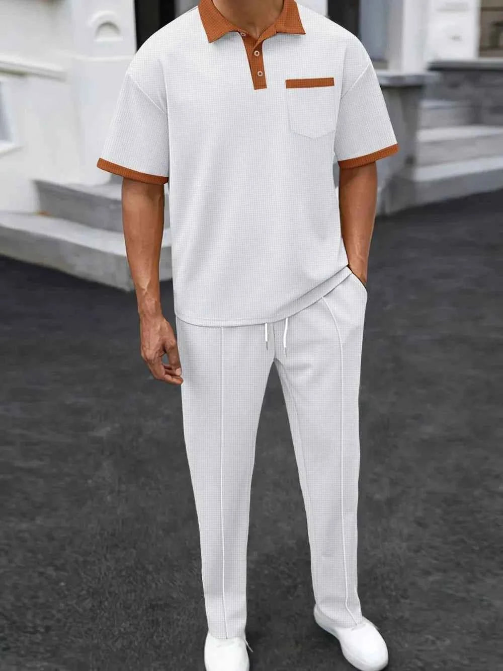 Men's Full Size Waffle-Knit Contrast Polo and Pants Set Plus Size