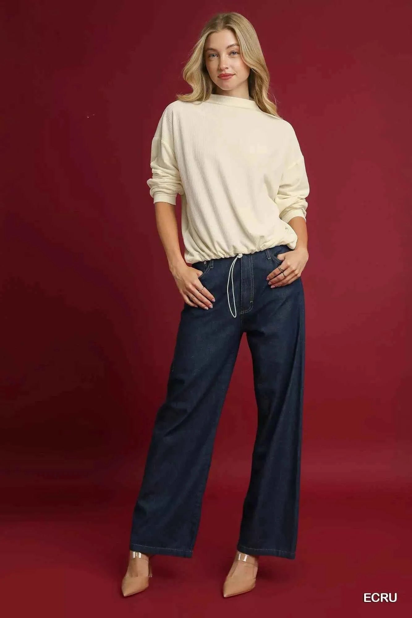 Umgee Ribbed Drawstring Hem Knit Top