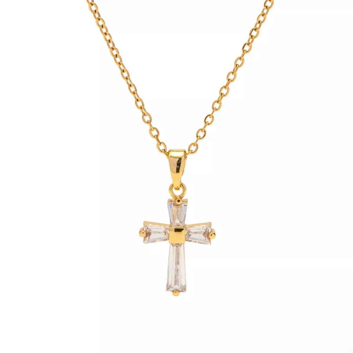 18K Gold-Plated Stainless Steel Zircon Cross Necklace