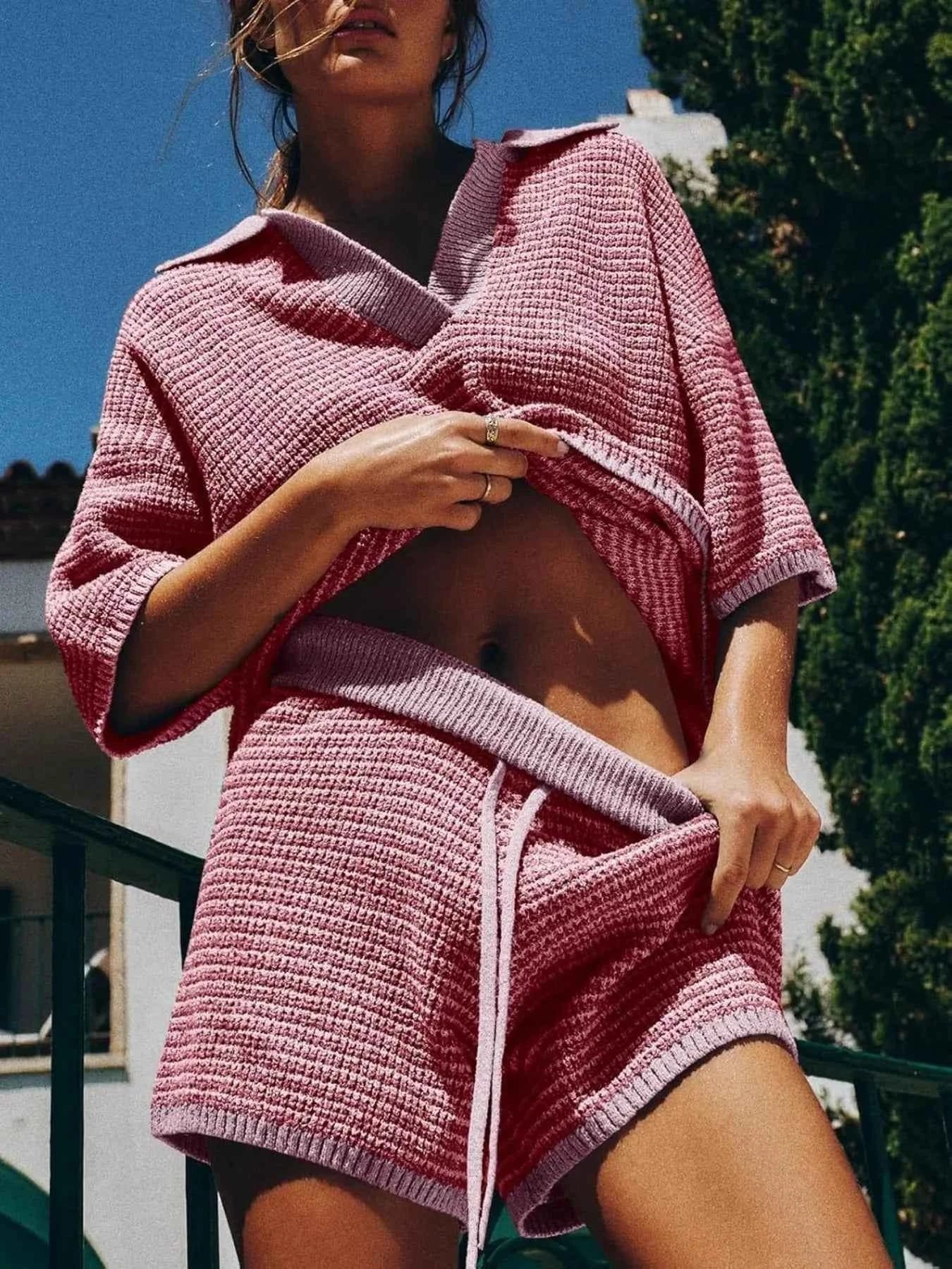 Collared Neck Contrast Striped Top and Shorts Sweater Set