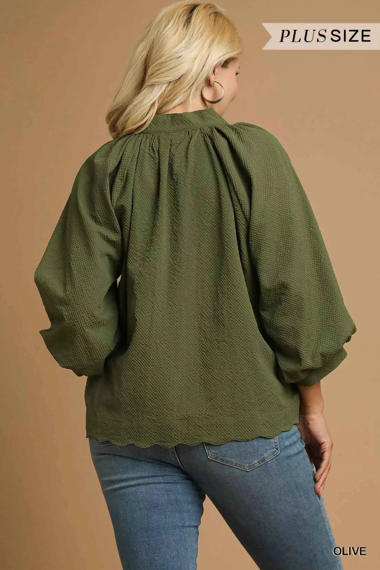 Umgee Full Size Textured Notched Balloon Sleeve Blouse Plus Size