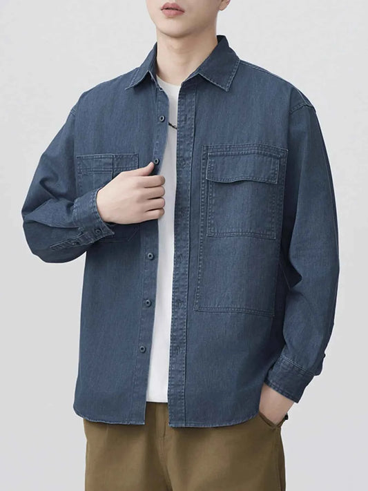 Men's Plus Size Button Up Long Sleeve Denim Shirt