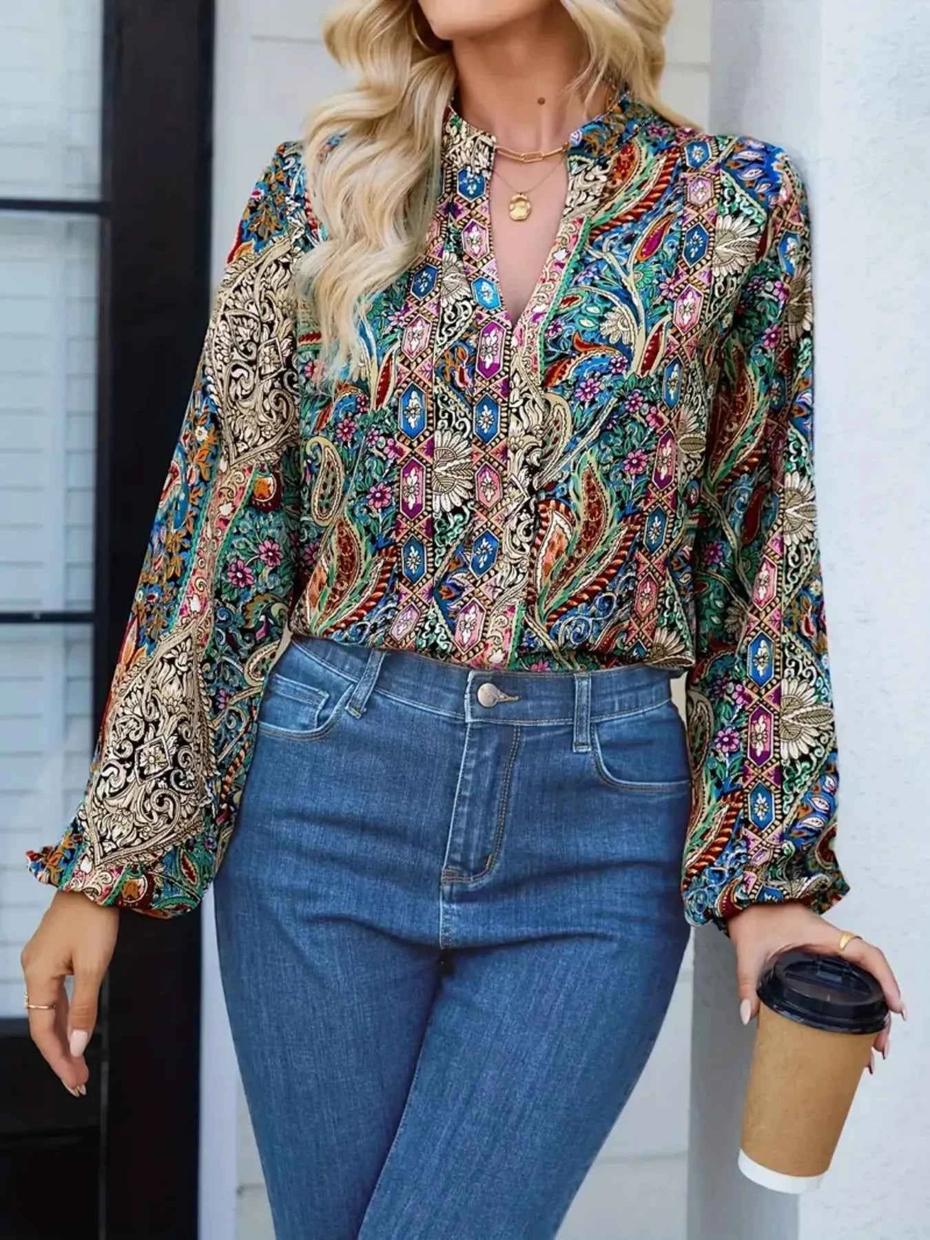 Printed Notched Balloon Sleeve Blouse