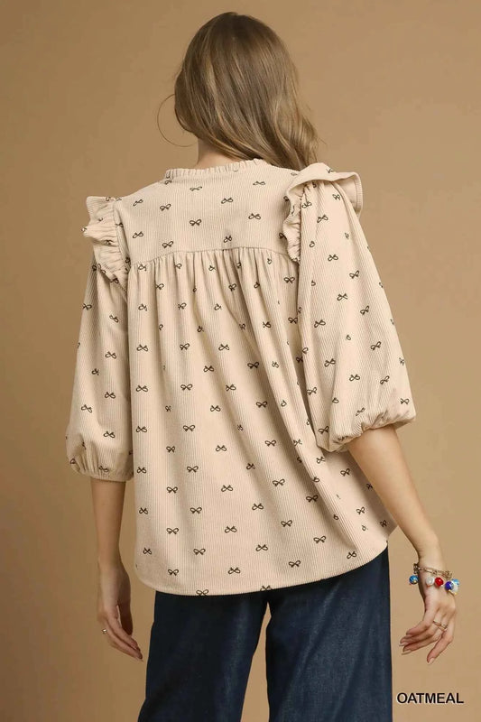 Umgee Bow Print Corduroy Puff Sleeve Blouse with Ruffled