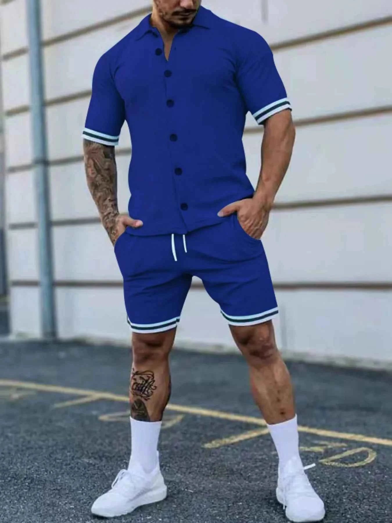 Men's Full Size Striped Hem Button Up Top and Shorts Set Plus Size