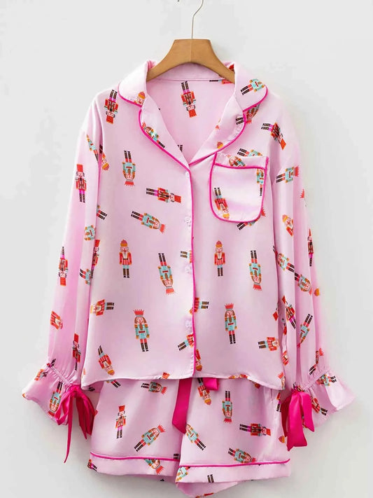 Nutcracker Print Contrast Trim Top and Shorts Pajama Set