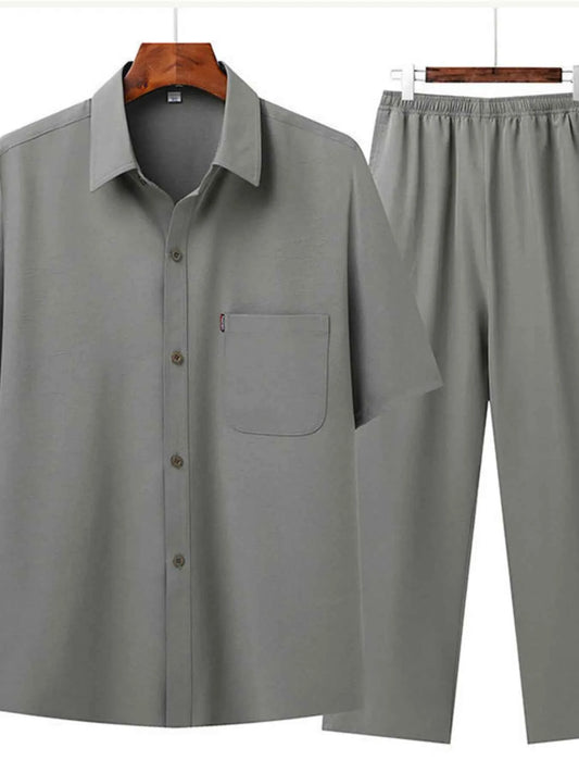 Men's Full Size Button Up Short Sleeve Shirt and Pants Set Plus Size