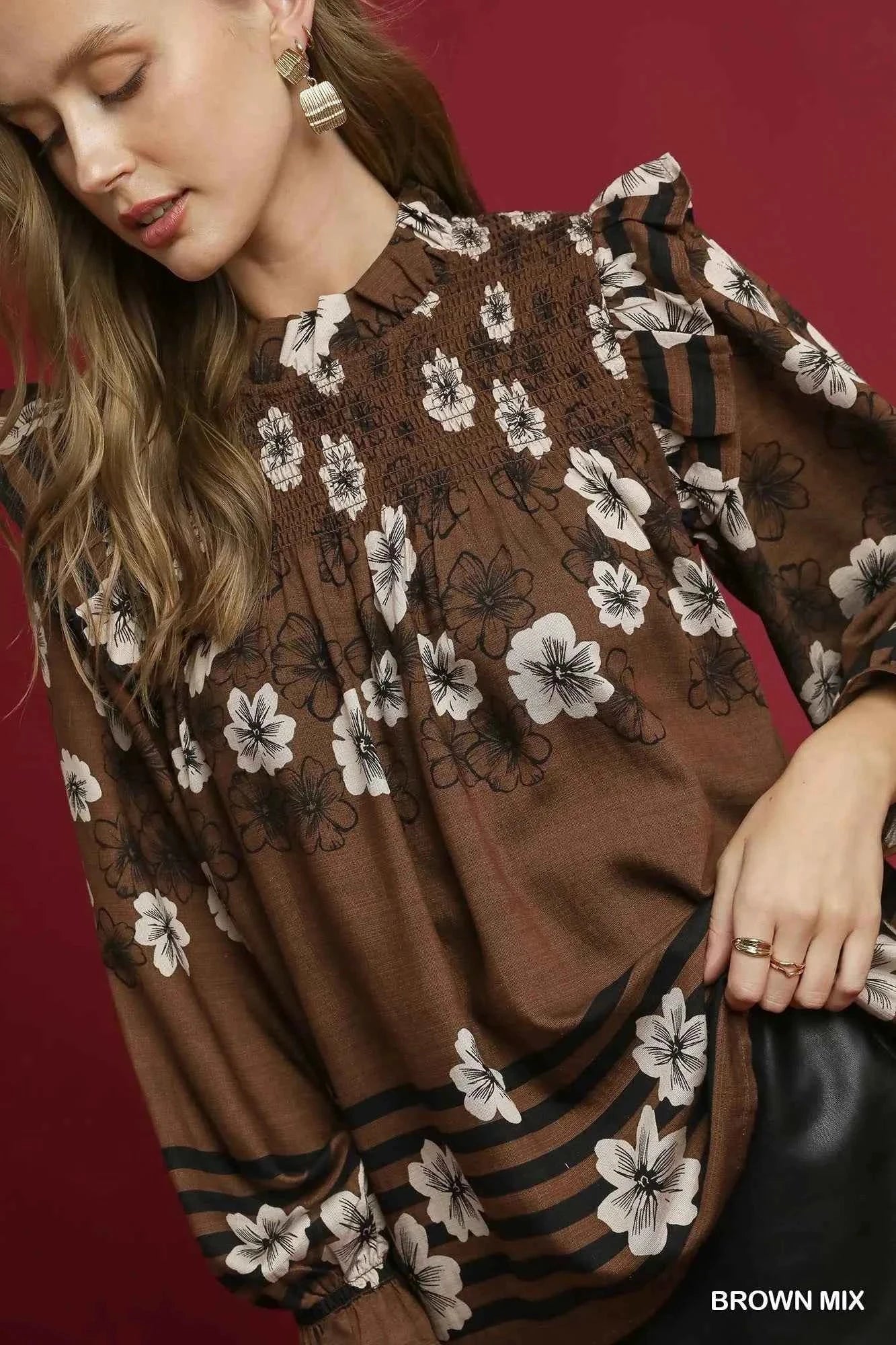 Umgee Full Size Mix Floral Smocked Ruffle Blouse Plus Size