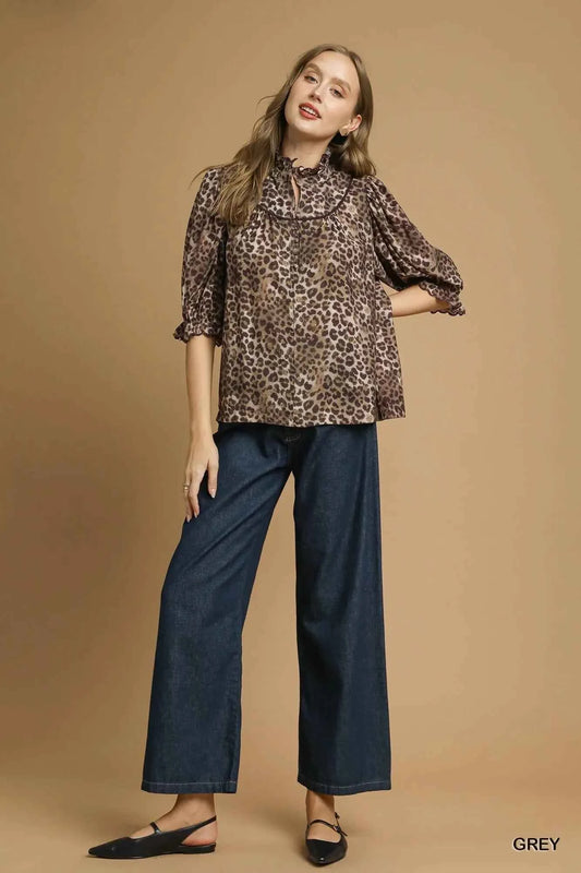 Umgee Leopard Print Ruffle Neck Blouse