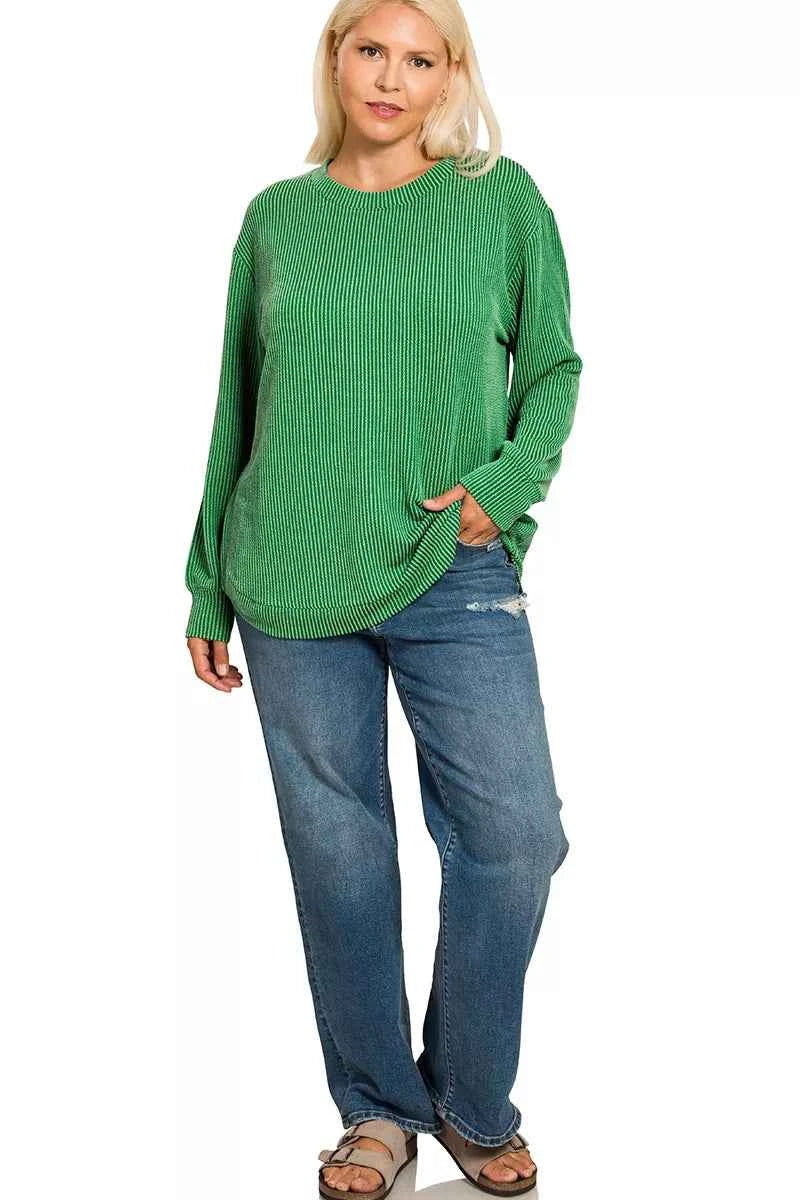 Zenana Full Size Raised Rib Round Neck Long Sleeve Top Plus Size
