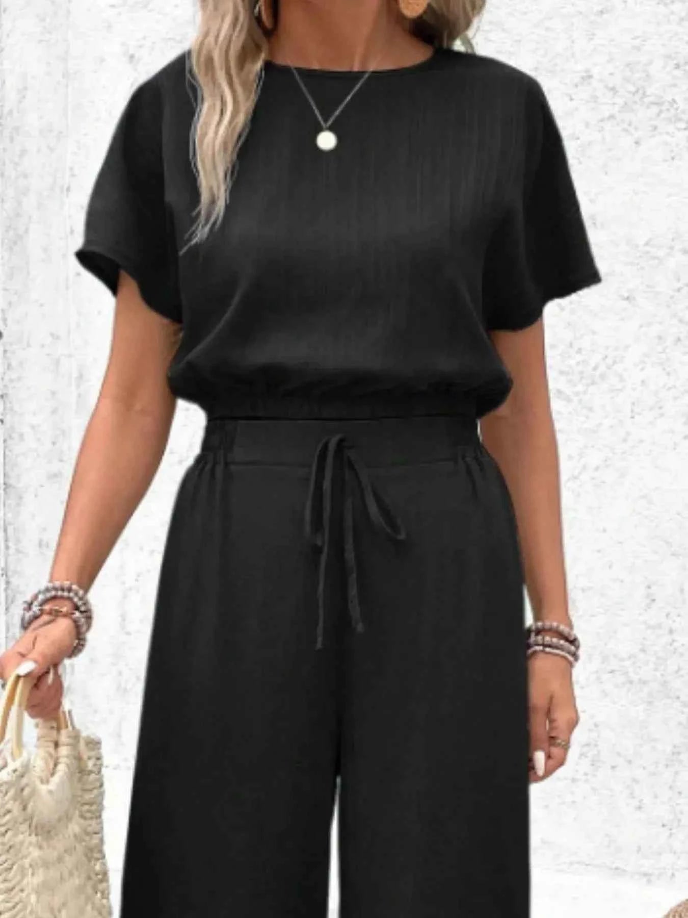 Round Neck Short Sleeve Top and Pants Set