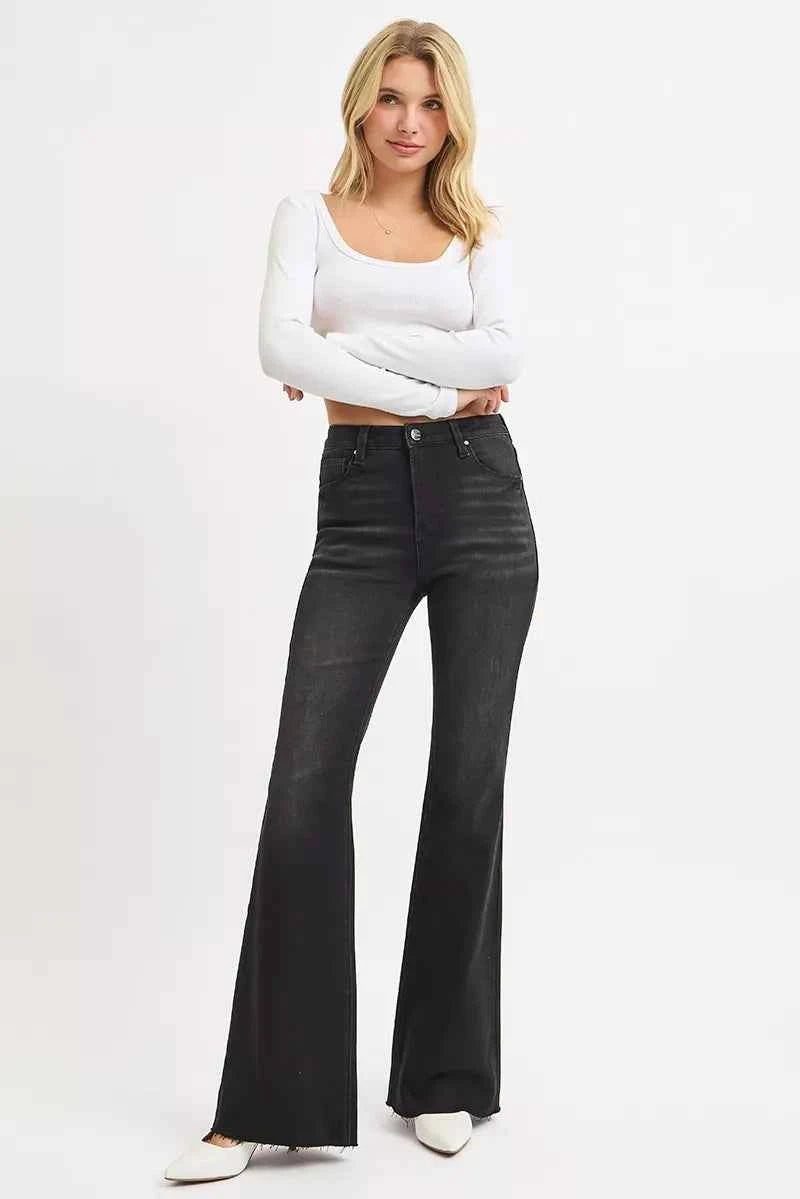 RISEN Full Size High Rise Flare Raw Cut Hem Jeans Plus Size