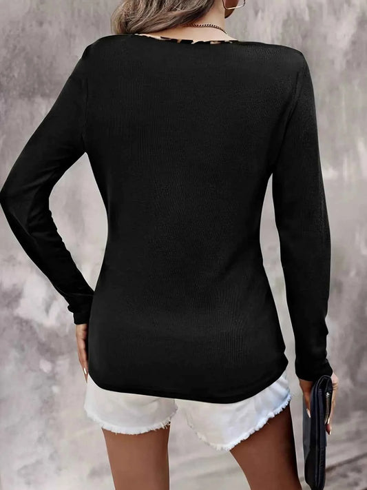 Leopard Trim Long Sleeve T-Shirt