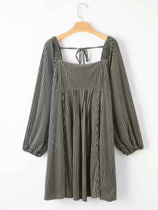 Tie Back Square Neck Velvet Babydoll Dress