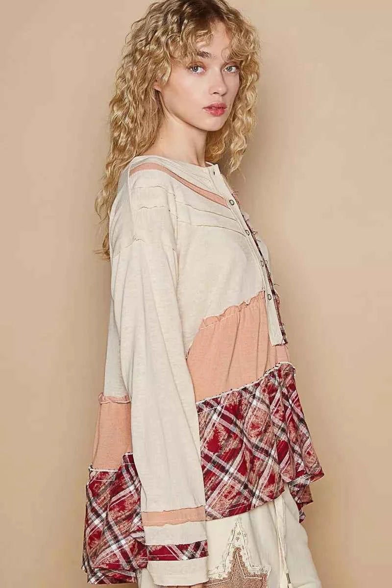 POL Round Neck Half Button Color Block Top with Merrow Edge Detail