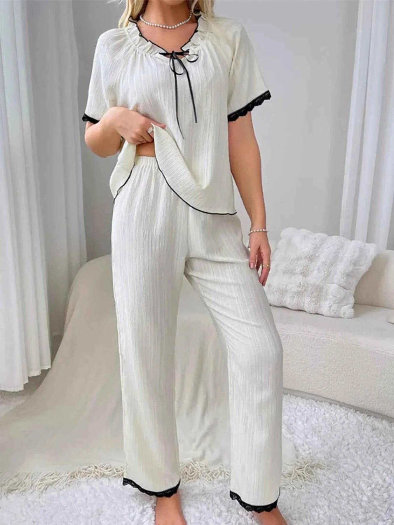 Contrast Trim Short Sleeve Top and Pants Set