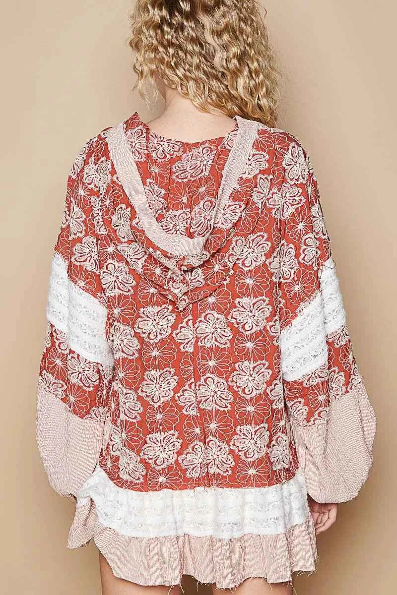 POL Ruffled Hem Floral Pattern Balloon Sleeve Hoodie