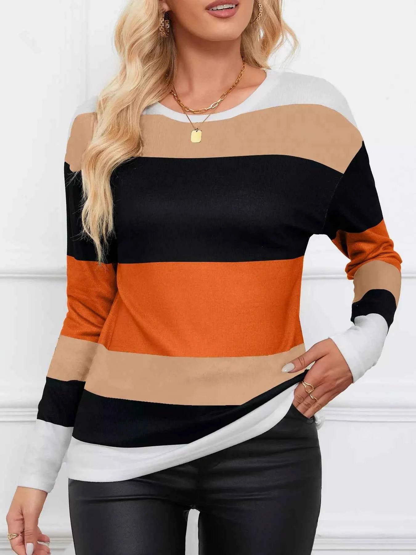 Leopard Color Block Striped Knit Top