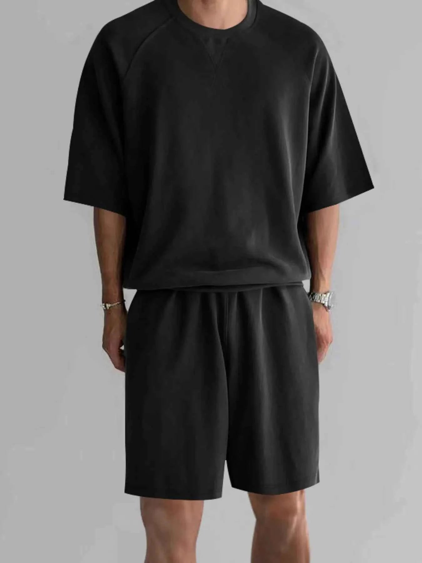 Men's Full Size Round Neck Top and Shorts Set Plus Size