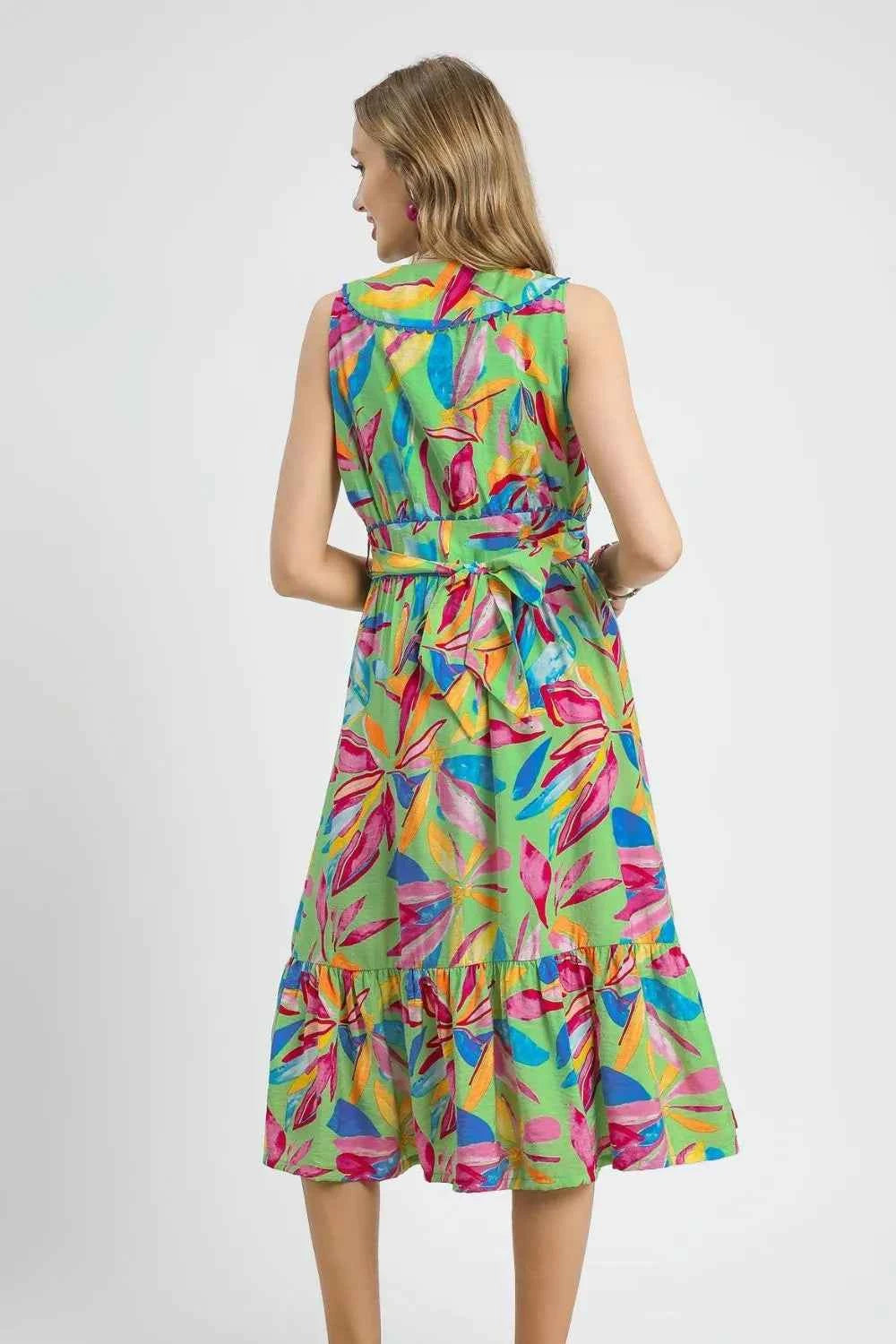 Umgee Ruffled Hem Printed Sleeveless Midi Dress