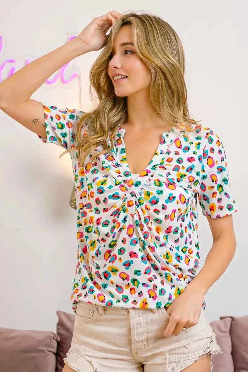 BiBi Multi Color Leopard Jersey Shirred V Neck Top
