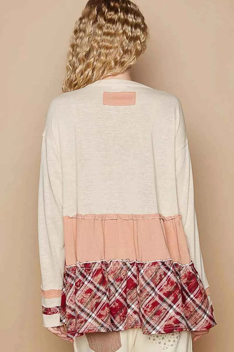POL Round Neck Half Button Color Block Top with Merrow Edge Detail