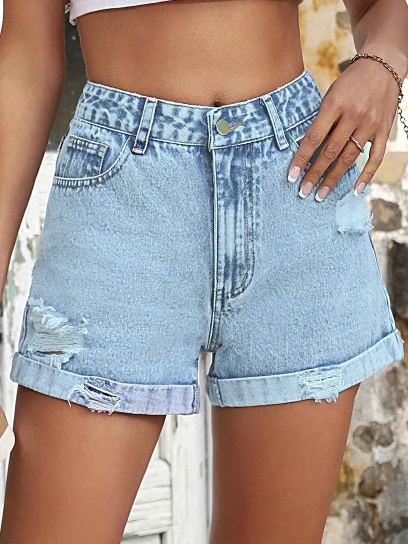 High-Waisted Distressed Denim Shorts