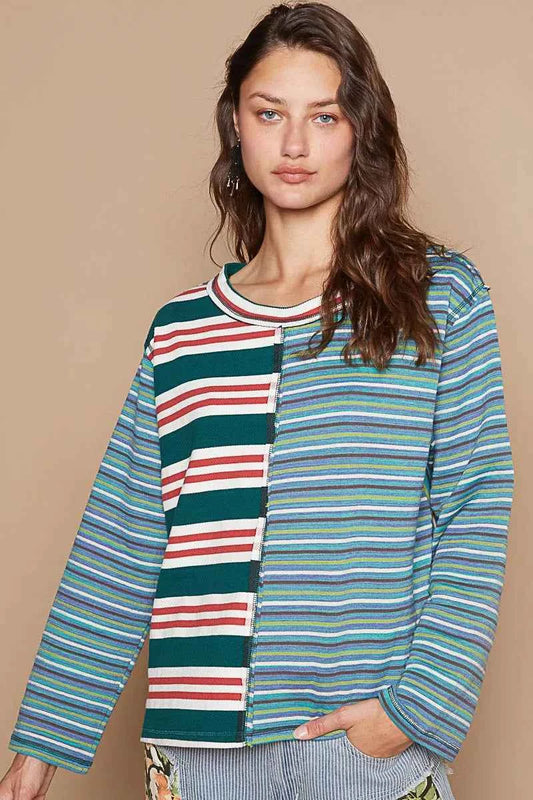 POL Color Block Striped Round Neck Long Sleeve T-Shirt