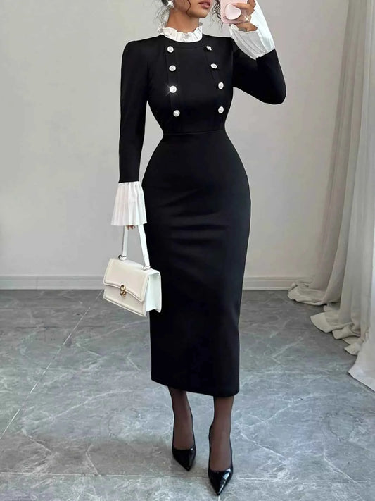 Two Tone Long Sleeve Midi Dress