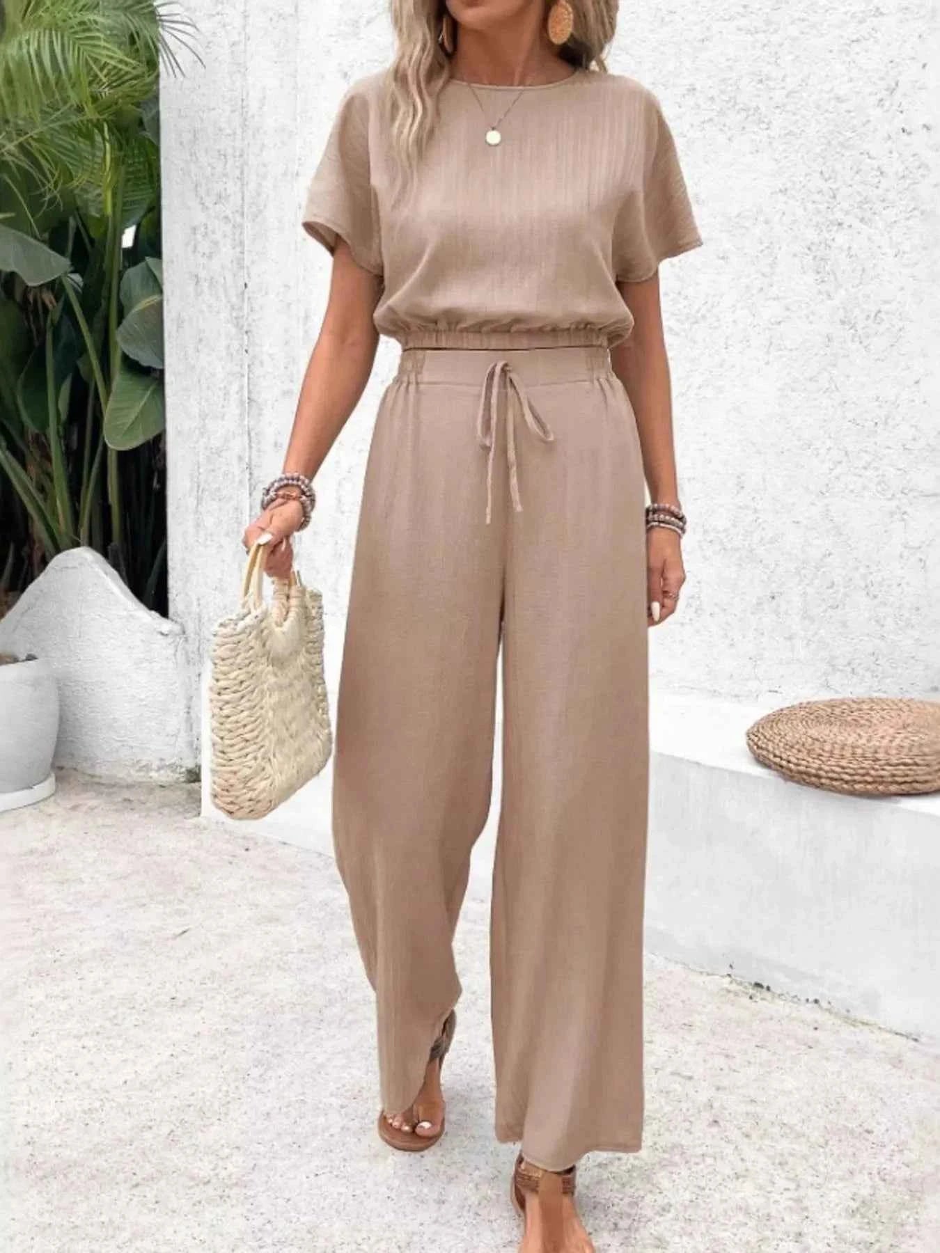 Round Neck Short Sleeve Top and Pants Set