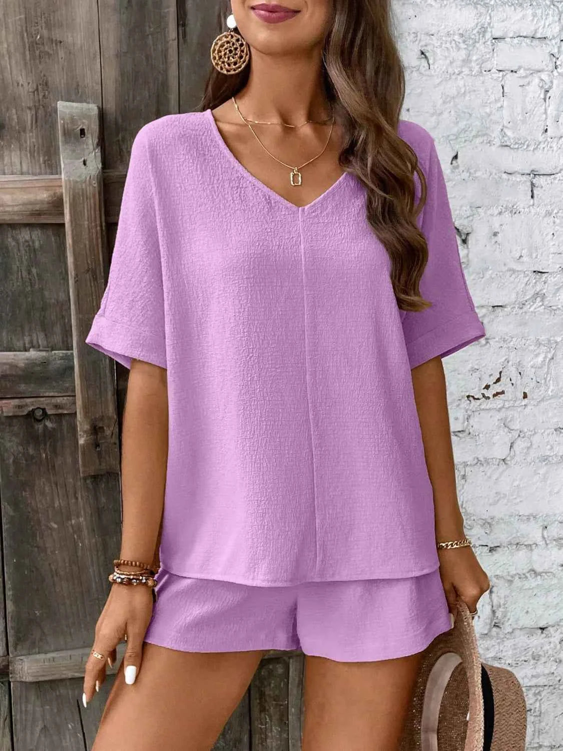 V-Neck Half Sleeve Top and Shorts Set