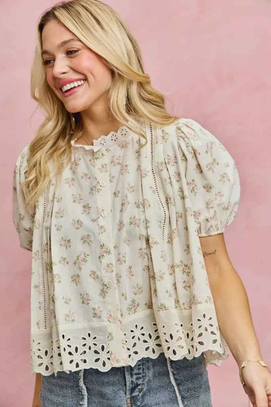 SO ME Floral Print Lace Trim Short Sleeves Blouse