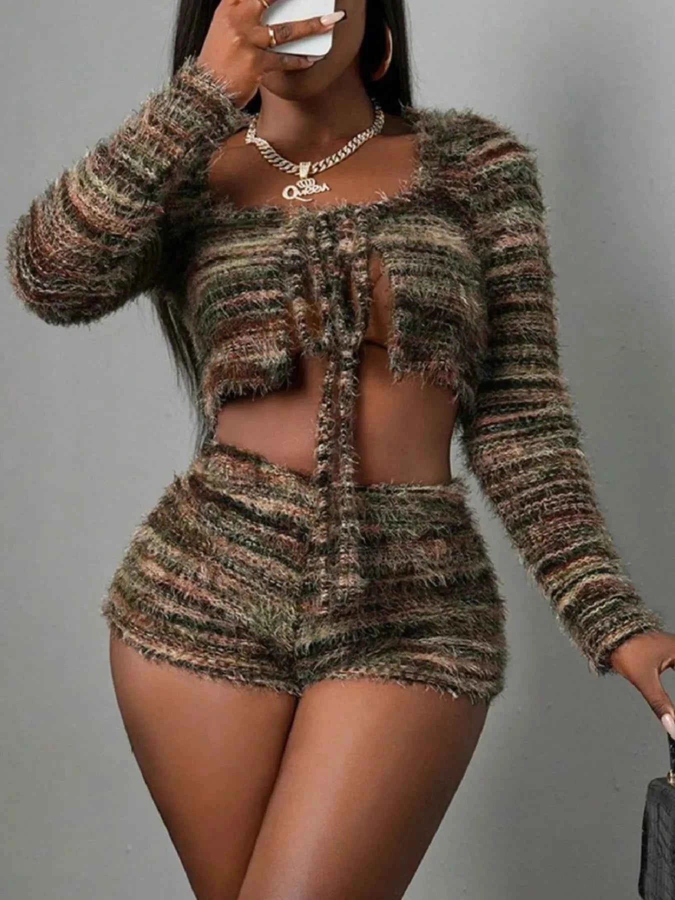Square Neck Crop Top and Shorts Sweater Set