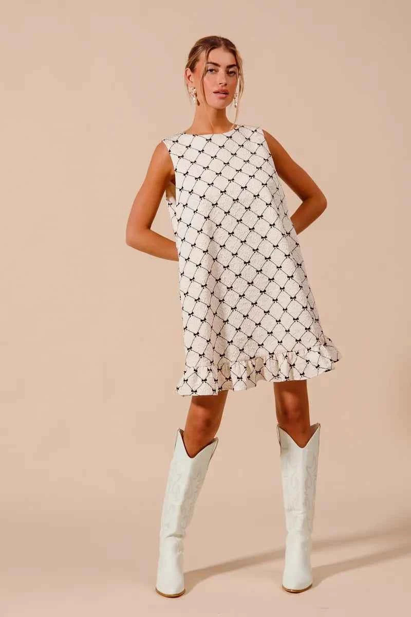 SO ME Texture Bow Printed Mini Ruffle Dress