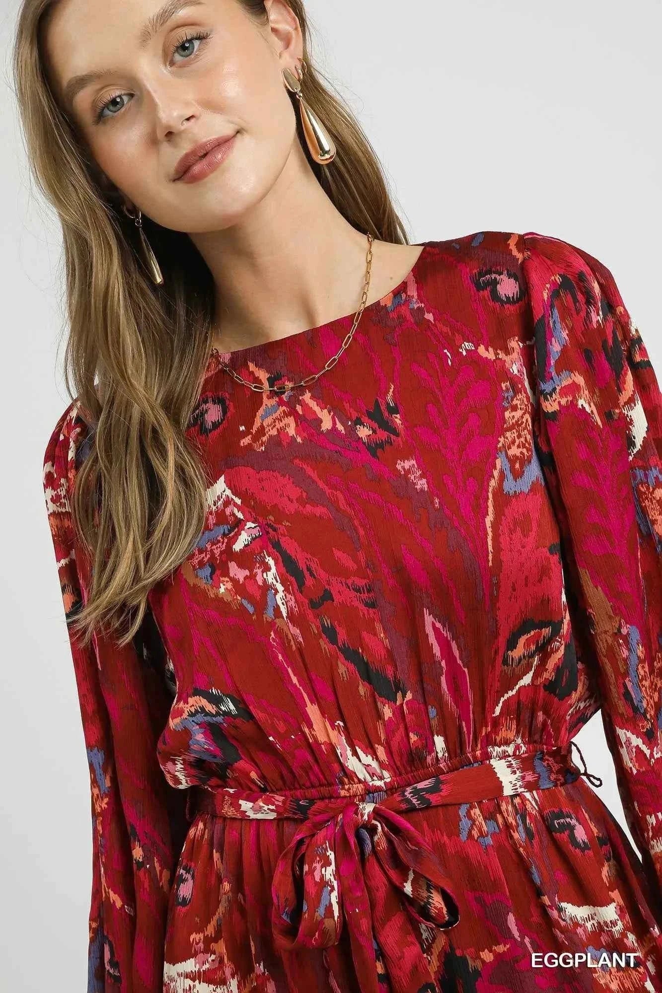 Umgee Ruffled Hem Printed Balloon Sleeve Dress