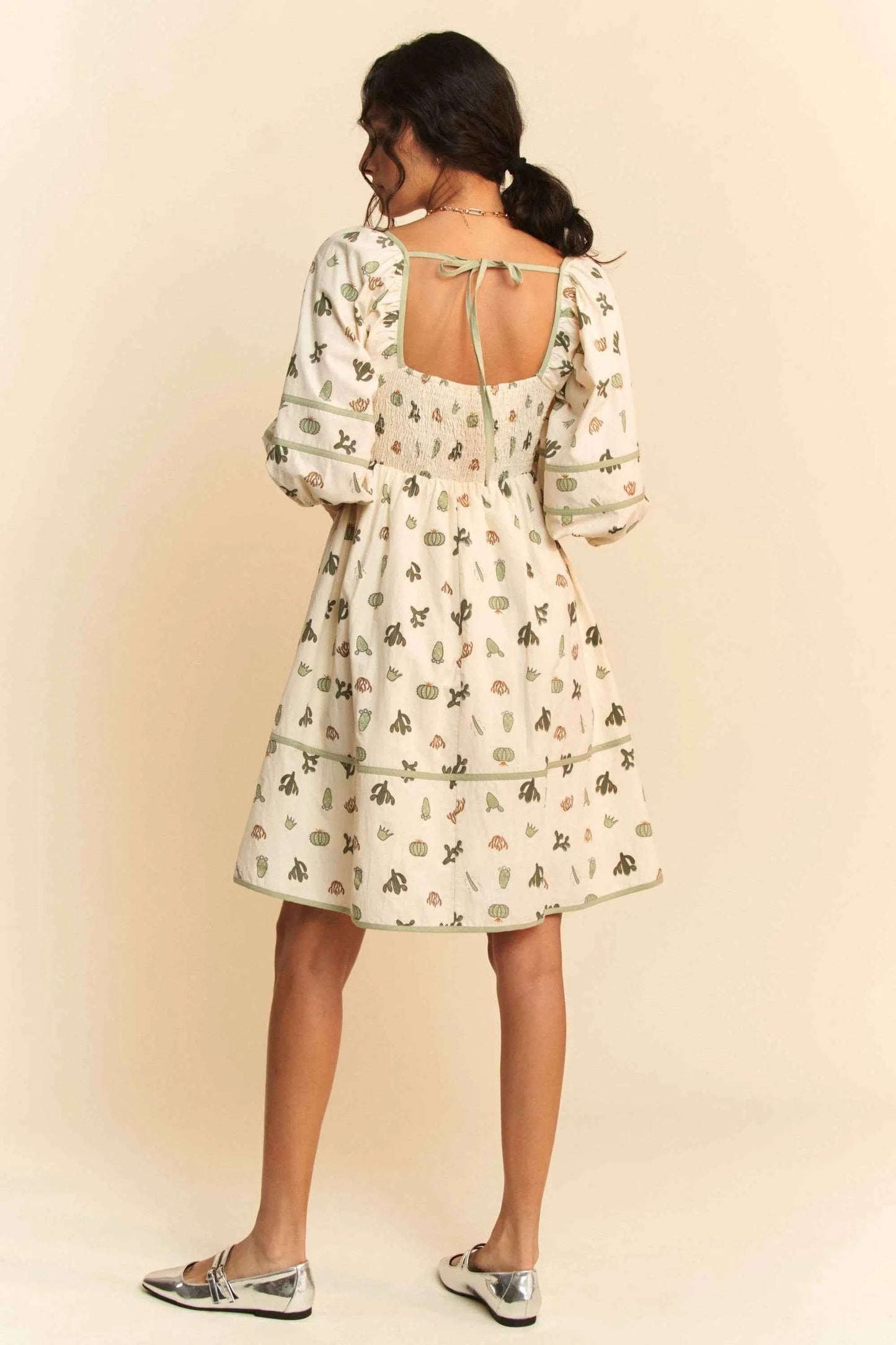 Davi & Dani Cactus Printed Poplin Contrast Piping Mini Dress